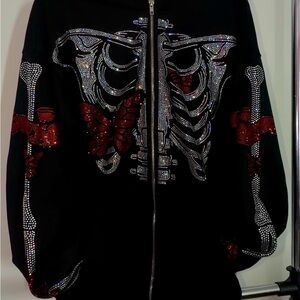 Black Rhinestone Skeleton Zip Hoodie with Red Butterfly Accents